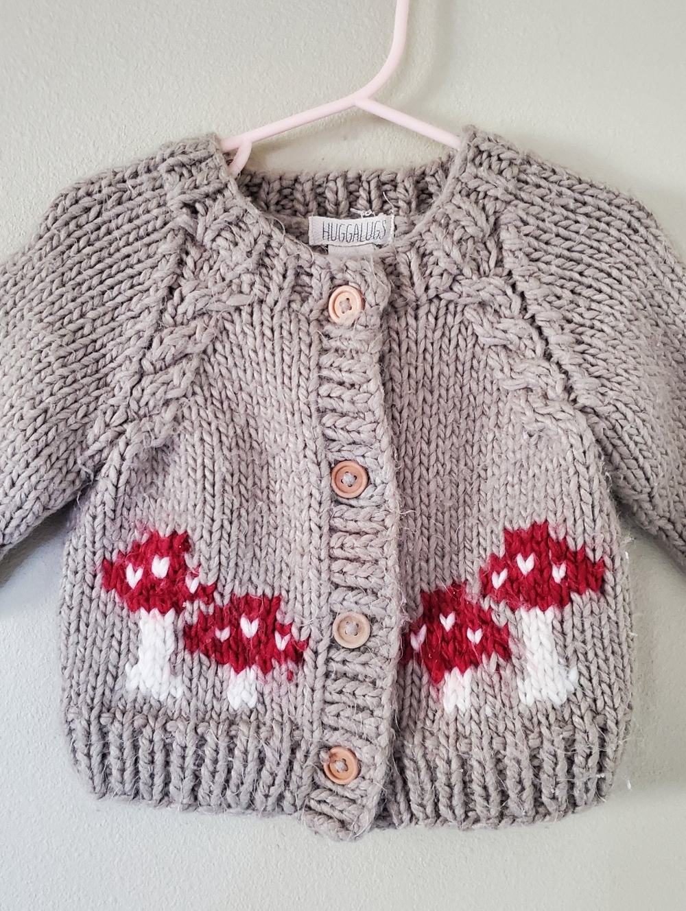 Huggalugs Mushroom Cardigan Hand Knit Sweater, Pebble, 12-18 months
